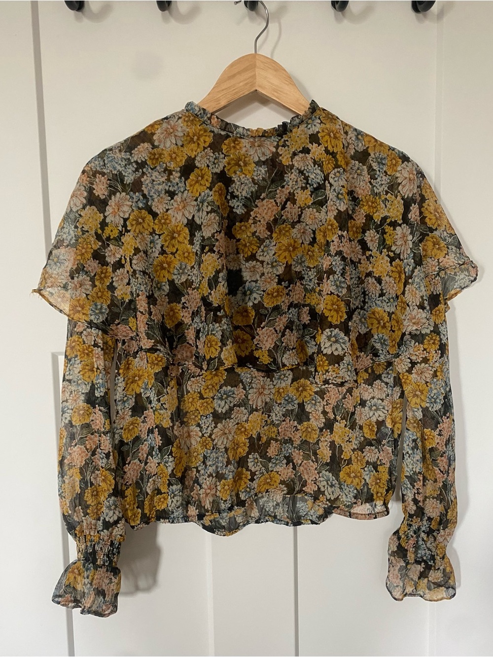 Zara Black Sheer Floral Blouse with Mustard and Blush Blooms